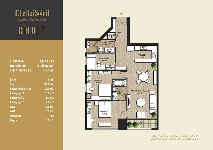 Thiết kế căn A 103m2 chung cư D'. Le Roi Soleil Quảng An