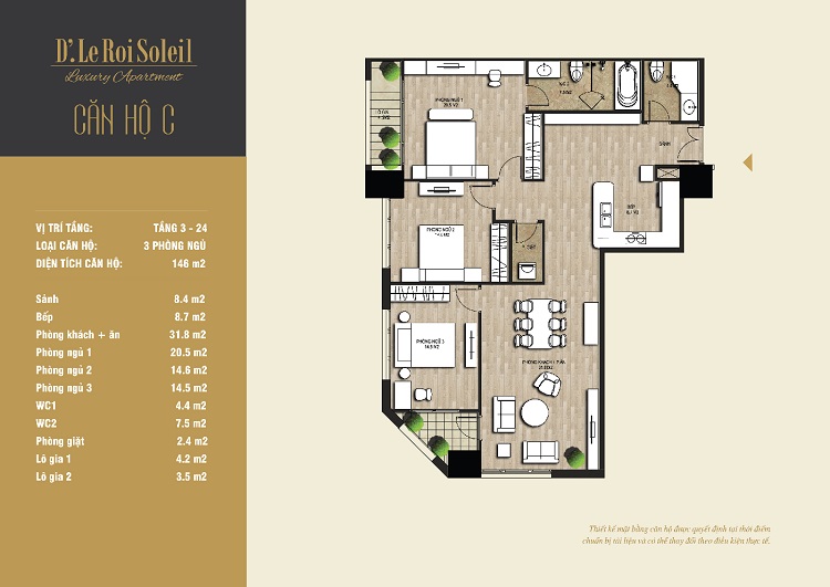 Thiết kế căn C 135.5m2 chung cư D', Le Roi Soleil Quảng An